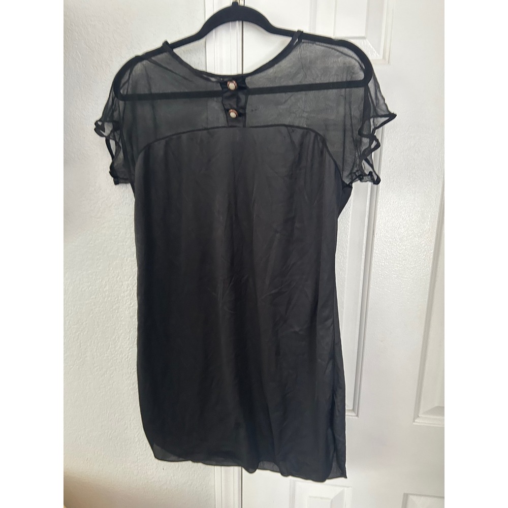 Petra Fashions Vintage Black Nylon Nightgown Sheer Mesh Yoke Flutter Sleeve M